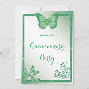quinceanera butterfly grönt glitter elegant inbjudningar