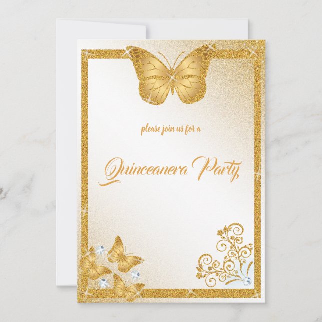 quinceanera butterfly guld glitter elegant diamant inbjudningar (Framsida)