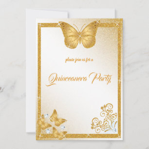 quinceanera butterfly guld glitter elegant diamant inbjudningar