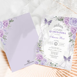 Quinceañera Butterfly Lila Lilac Silver Blommigt Inbjudningar