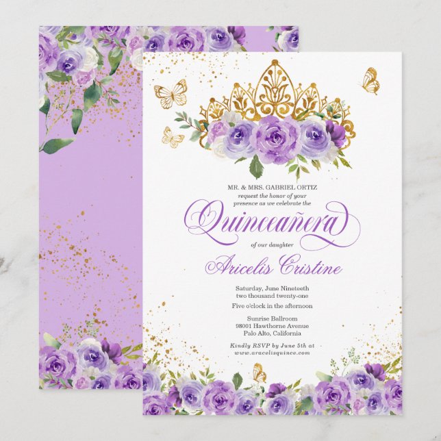 Quinceañera Butterfly & Lila Watercolor Flowers  Inbjudningar (Fram/baksida)
