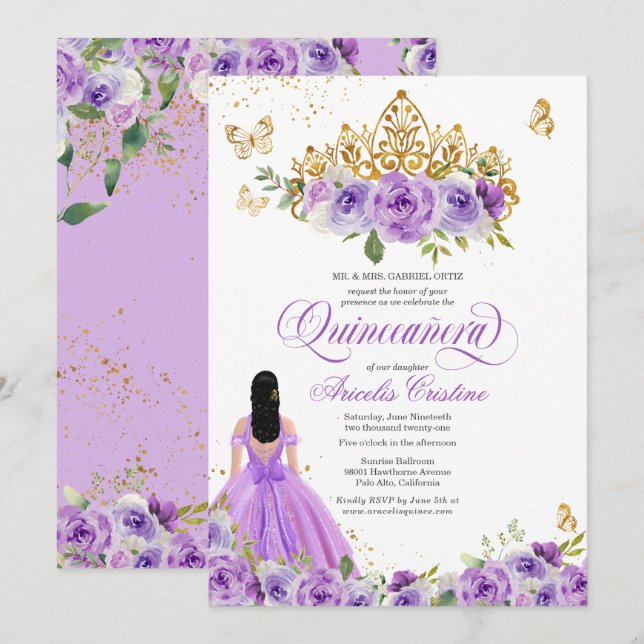 Quinceañera Butterfly & Lila Watercolor Flowers  Inbjudningar (Fram/baksida)