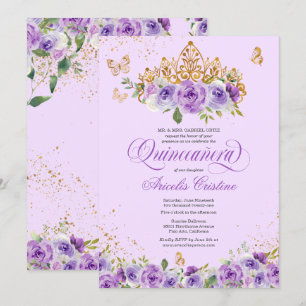 Quinceañera Butterfly & Lila Watercolor Flowers Inbjudningar