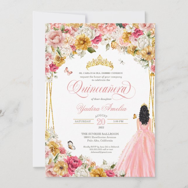  Quinceanera Butterfly  Rosa Gult Blommigt in Inbjudningar (Framsida)
