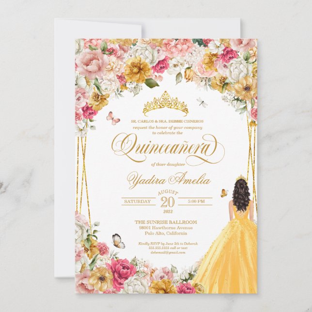 Quinceanera Butterfly  Rosa Gult Blommigt in Inbjudningar (Framsida)