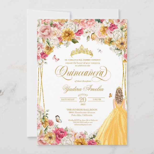  Quinceanera Butterfly  Rosa Gult Blommigt in Inbjudningar (Framsida)