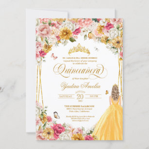 Quinceanera Butterfly Rosa Gult Blommigt in Inbjudningar