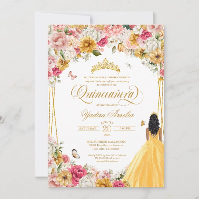  Quinceanera Butterfly  Rosa & Gult Blommigt  Inbjudningar (Framsida)