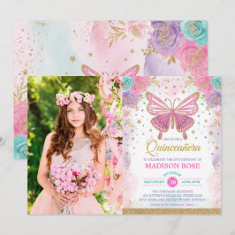 Quinceañera Butterfly Rosa Lila Teal Birthday Inbjudningar