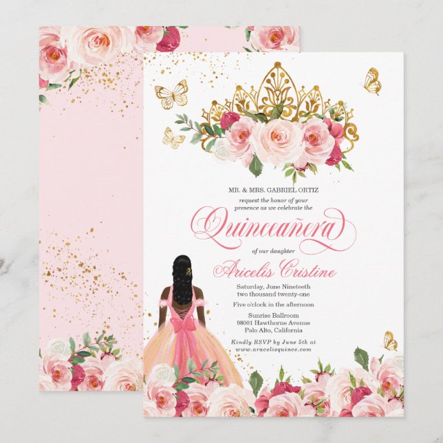 Quinceañera Butterfly  Rosa Vattenfärgsfärgad Blom Inbjudningar (Fram/baksida)