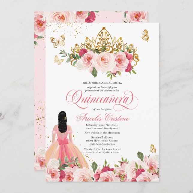 Quinceañera Butterfly  Rosa Vattenfärgsfärgad Blom Inbjudningar (Fram/baksida)