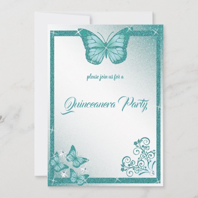 quinceanera butterfly turcoise glitter elegant inbjudningar (Framsida)