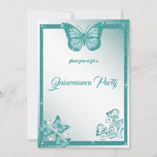 quinceanera butterfly turcoise glitter elegant inbjudningar
