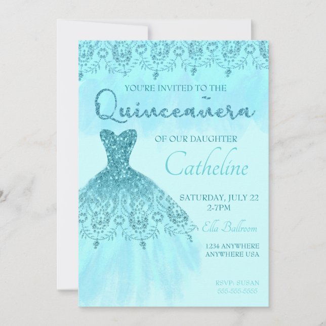 Quinceanera Call teal Glitter, 15-årsdag Inbjudningar (Framsida)
