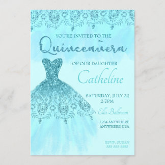 Quinceanera Call teal Glitter, 15-årsdag Inbjudningar