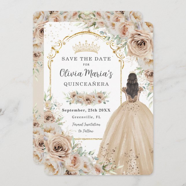 Quinceañera Champagne Beige Cream Blommigt Princes Spara Datumet (Fram/baksida)
