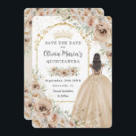 Quinceañera Champagne Beige Cream Blommigt Princes Spara Datumet<br><div class="desc">Anpassa den här eleganten champagne-blommigten Quinceañera / Sweet 16-årsdagen spara datumet enkelt och snabbt. Klicka bara på knappen Anpassa den ytterligare för att redigera texterna, ändra typsnitt och typsnitt färg. Med vackra vattenfärgade champagneblommor, en flicka klädd i en underbar champagne boll-gown och en guld prinsessa krona. Perfekt för quinceanera, sweet...</div>