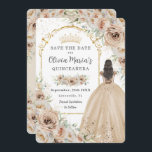 Quinceañera Champagne Beige Cream Blommigt Princes Spara Datumet<br><div class="desc">Anpassa den här eleganten champagne-blommigten Quinceañera / Sweet 16-årsdagen spara datumet enkelt och snabbt. Klicka bara på knappen Anpassa den ytterligare för att redigera texterna, ändra typsnitt och typsnitt färg. Med vackra vattenfärgade champagneblommor, en flicka klädd i en underbar champagne boll-gown och en guld prinsessa krona. Perfekt för quinceanera, sweet...</div>