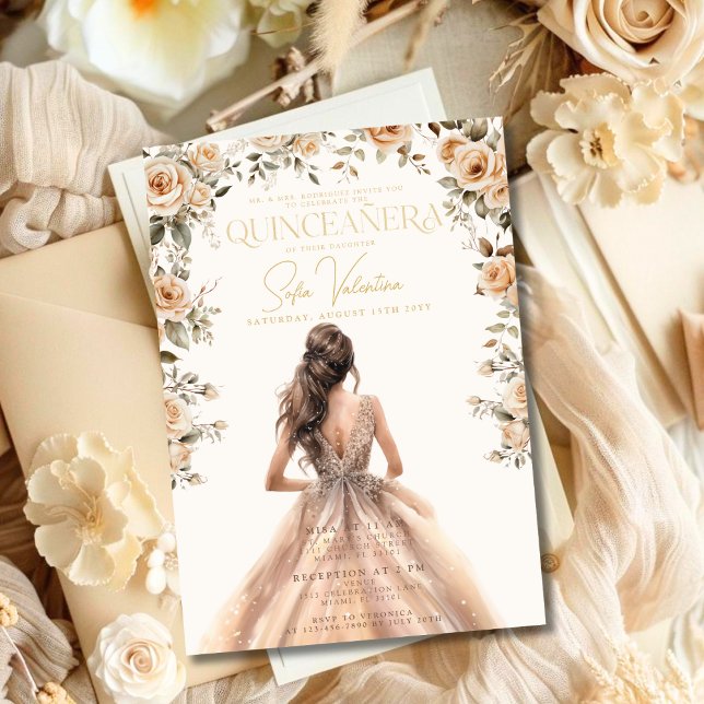 Quinceañera Champagne Guld Blommigt Gown Princess Inbjudningar (Quinceañera Champagne Gold Floral Gown Princess Invitation)