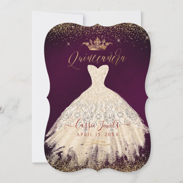 Quinceanera Champagne Guld Glitter Dress DIY Färg Inbjudningar (Framsida)