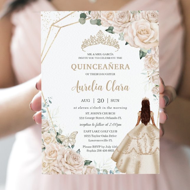 Quinceanera Champagne Ivory Blommigt Princess Inbjudningar (Skapare uppladdad)