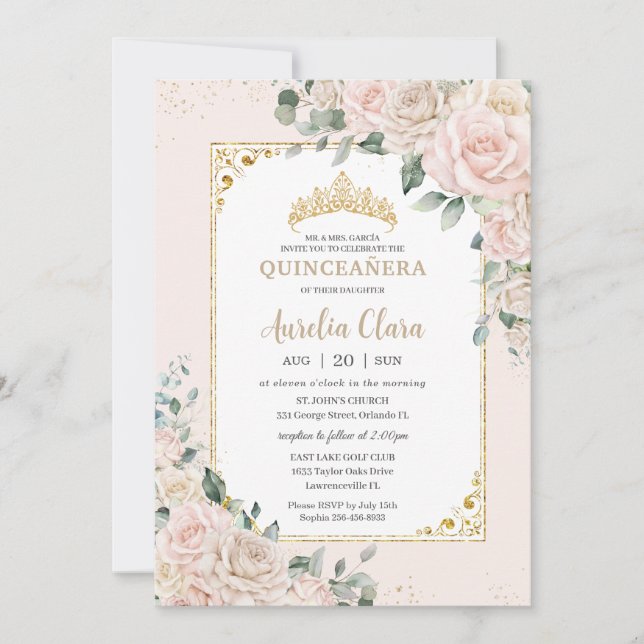 Quinceañera Champagne Ivory  Blommigten Guld Inbjudningar (Framsida)