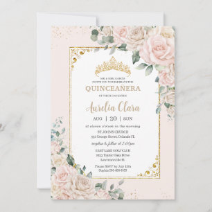Quinceañera Champagne Ivory Blommigten Guld Inbjudningar