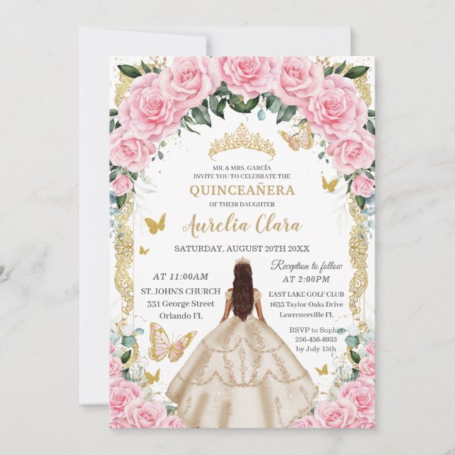 Quinceañera Champagne Rosa Blommigt Vintage Guld Inbjudningar (Framsida)