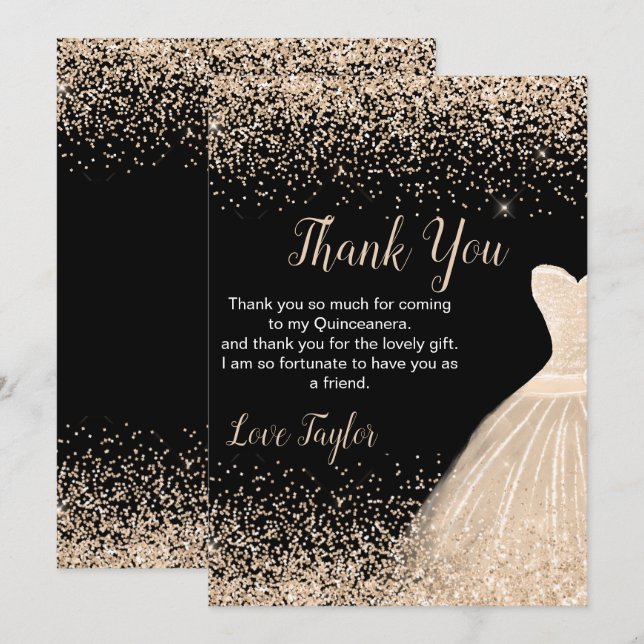 Quinceanera Champagne Vit Klänning Fals Glitter Tack Kort (Fram/baksida)