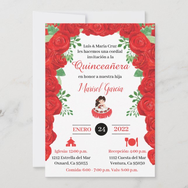 Quinceanera Charra-inbjudningar, Röd ros charra (Framsida)