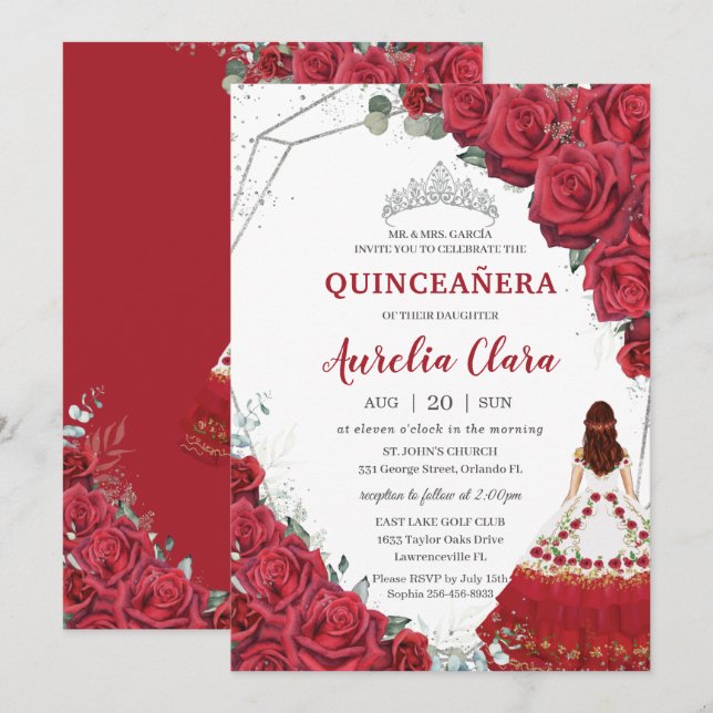 Quinceañera Charro Dress Röd ros Blommigt Silver Inbjudningar (Fram/baksida)