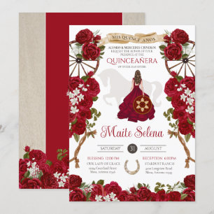 Quinceanera Charro Elegant Röd ros Western Blommig Inbjudningar