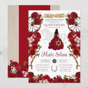 Quinceanera Charro Elegant Röd ros Western Blommig Inbjudningar
