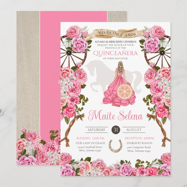 Quinceanera Charro Elegant Rosa ros Westernare Flo Inbjudningar (Fram/baksida)