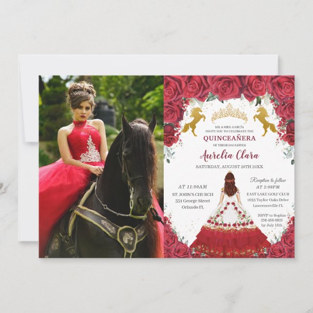 Quinceañera Charro Red Blommigt Princess Guld Hors Inbjudningar (Framsida)