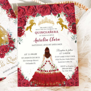 Quinceañera Charro Red Blommigt Princess Guld Hors Inbjudningar