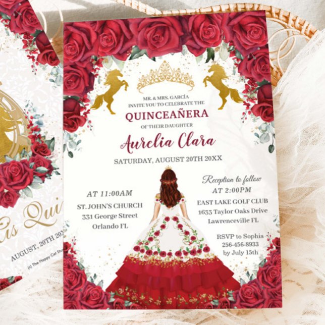 Quinceañera Charro Red Blommigt Princess Guld Hors Inbjudningar (Skapare uppladdad)