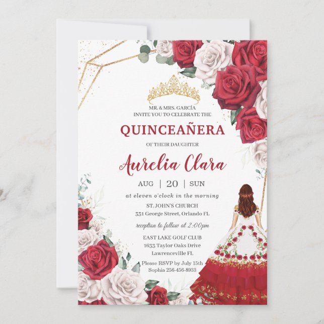 Quinceañera Charro Red Vit ros Blommigt Guld Inbjudningar (Framsida)