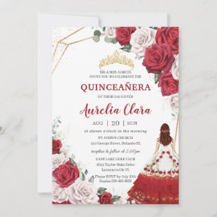 Quinceañera Charro Red Vit ros Blommigt Guld Inbjudningar