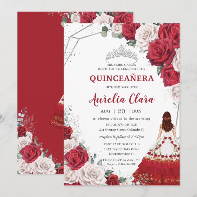 Quinceañera Charro Red Vit ros Blommigt Silver Inbjudningar (Fram/baksida)
