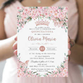 Quinceañera Cherry Blommar Ro Guld Butterflies Inbjudningar