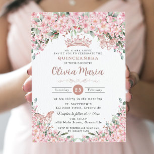 Quinceañera Cherry Blommar Ro Guld Butterflies Inbjudningar