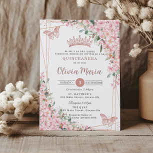 Quinceañera Cherry Blommar Ro Guld Butterflies Inbjudningar