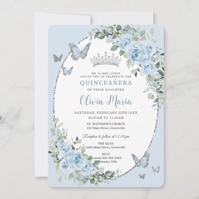 Quinceañera Chic Baby blue Blommigt Butterflies Inbjudningar (Framsida)