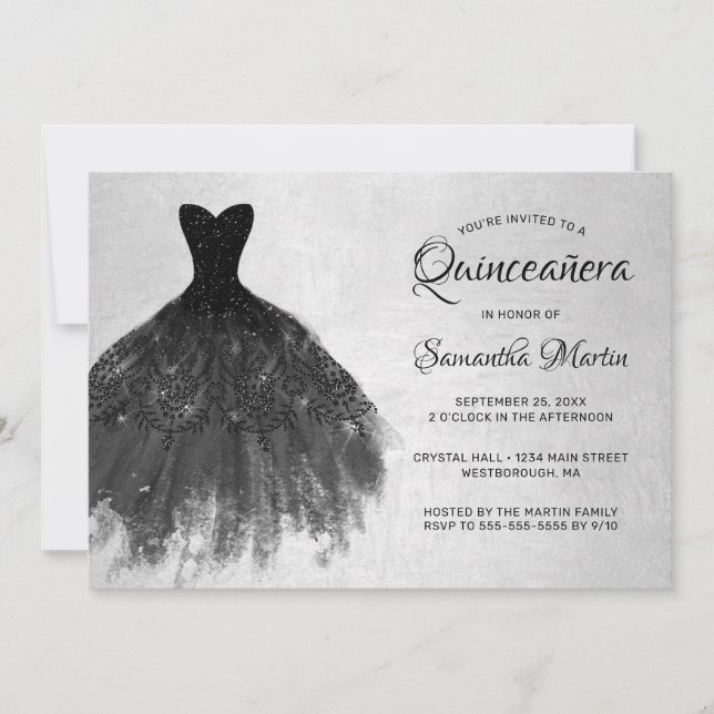 Quinceanera Chic Black Dress på Silver Party Invit Inbjudningar (Framsida)