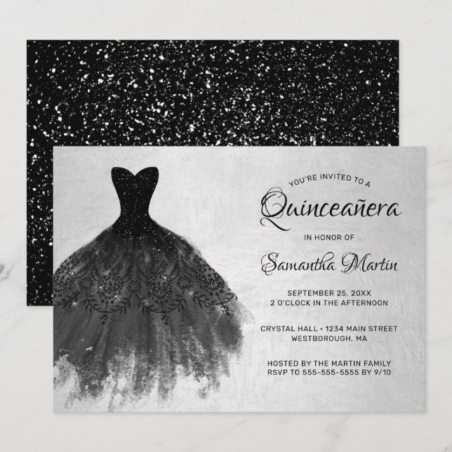 Quinceanera Chic Black Dress Silver Glam Party Inbjudningar (Fram/baksida)