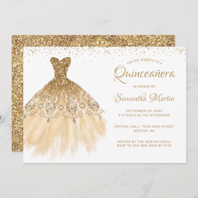 Quinceanera Chic Guld Dress Glitter White Party in Inbjudningar (Fram/baksida)