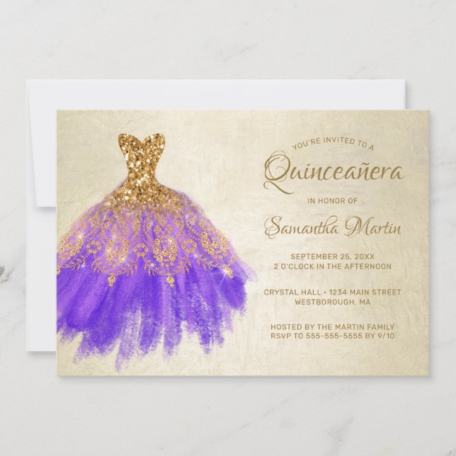 Quinceanera Chic Guld Lila Dress vid Guld Party I Inbjudningar (Framsida)