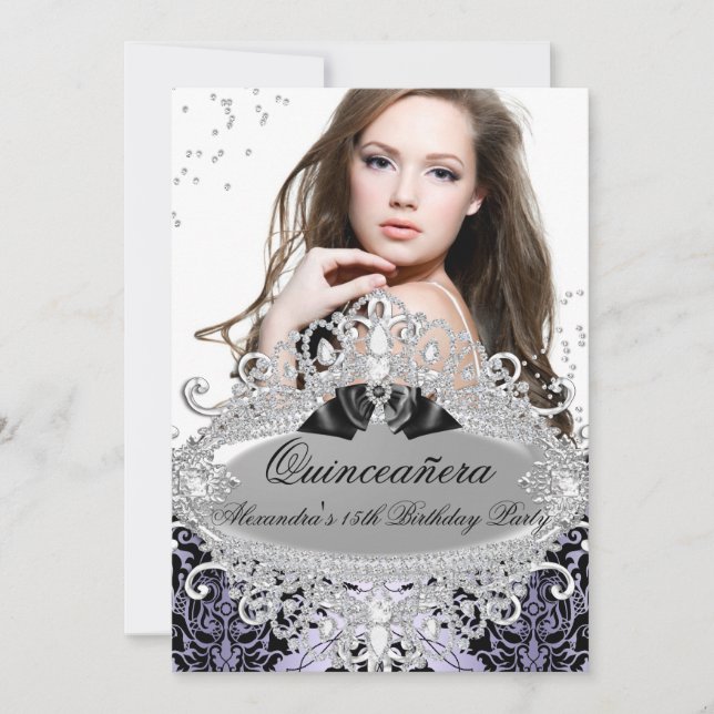 Quinceanera Chic Lila Damask Diamond Jewel Photo Inbjudningar (Framsida)