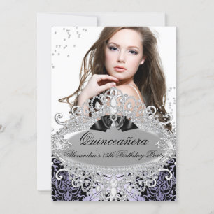 Quinceanera Chic Lila Damast Diamant Juwel Foto Inbjudningar